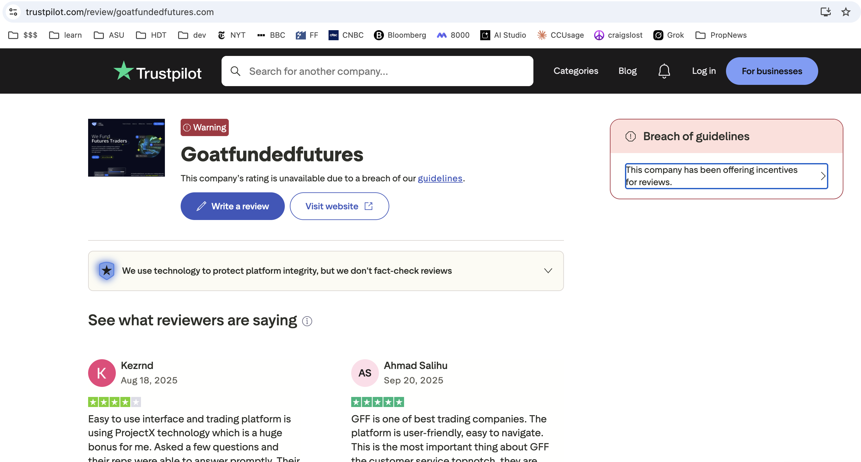 Trustpilot warning banner for Goat Funded Futures showing breach of guidelines notice